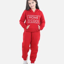 StyleStone Fleece Woven Full Sleeves Home School Text Printed Hooded Sweatshirt & Joggers Set - Red-picture-22
