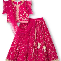 Babyhug Georgette Woven Frill Sleeves Choli Lehenga & Dupatta Set With Floral Embriodery - Red-picture-16