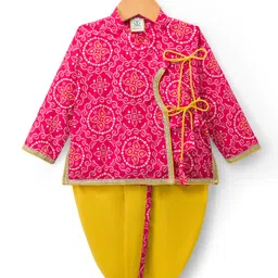 TEENTAAARE Cotton Woven Full Sleeves Kurta Dhoti Set With Bandhani Print - Pink & Yellow-image-22