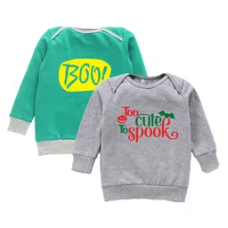 Kadam Baby Cotton Knit Halloween Theme Pack Of 2 Full Sleeves Boo & Too Cute To Spook Text Printed Light Winter Sweatshirts - Green & Grey-image-78