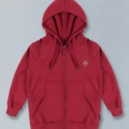 Kiddopanti Full Sleeves Logo Printed Front Zipper Hooded Sweatshirt & Track Pants Set - Maroon image 3