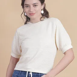 V-Mart Women Solid Round Neck T-shirt-image-96