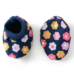 Babyhug 100% Cotton Knit Mittens and Booties With Floral Print - Navy Blue image 3