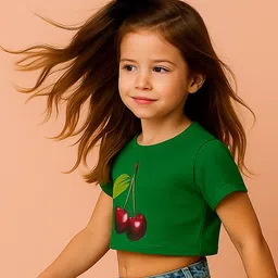 BaawRi Viscose Knit Half Sleeves Floral & Cherries Printed Crop Tee - Green image 4