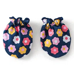 Babyhug 100% Cotton Knit Mittens and Booties With Floral Print - Navy Blue image 4