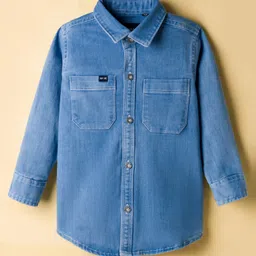 RUFF Denim Woven Full Sleeves Washed Shirts With Text Printed T-Shirt - Blue image 4