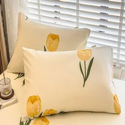 JC HOME Cream-Coloured & Yellow Floral 220 TC King Bedsheet with 2 Pillow Covers image 4