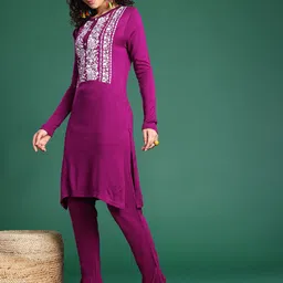 Sangria Floral Printed Band Collar Kurta with Trousers image 2