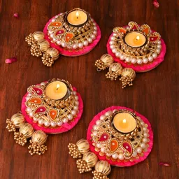 Aapno Rajasthan Pink & Gold Toned 4 Pieces Embellished Metal Tea Light Candles-image-93