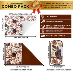 E-Retailer 8Pc White & Brown Printed Waterproof 3-Layered Refrigerator Covers With Pockets image 3