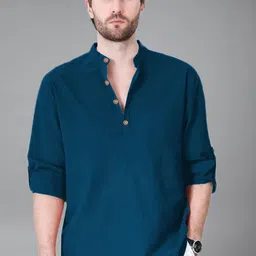 Yugnik Cotton Mandarin Collar Roll-Up Sleeves Straight Kurtas-picture-35