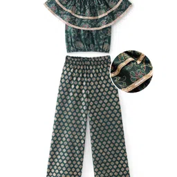EARTHY TOUCH Knitted Half Sleeves Floral Foil PrintedIndo Western Set - Green-picture-15