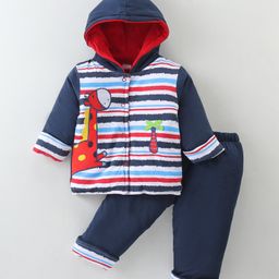 Cucumber Sinker Knit Full Sleeves Hoodie & Lounge Pants Set With Stripes & Animal Embroidery - Navy Blue-picture-17