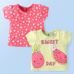 Doodle Poodle Single Jersey Knit Half Sleeves Tops With Heart & Tropical Theme Print Pack Of 2 - Pink Lemon Yellow-picture-21