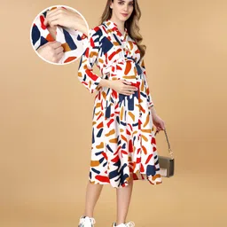 Bella Mama WovenThree Fourth Sleeves Shirt Maternity DressWith Abstract Print - White-picture-12
