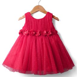Babyhug Woven Sleeveless Mesh Party Dress with Floral Applique & Glitter Embellishment - Red-picture-34