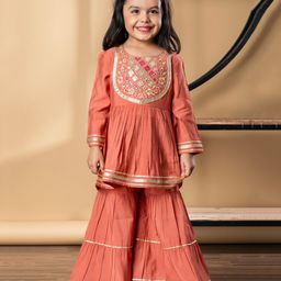 READIPRINT Silk Woven Full Sleeves Floral Embroidered Mirror Work Detailed Kurti Sharara Set - Peach-picture-46