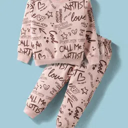 Smarty Girls Fleece Knit Full Sleeves Co-ord Winter Night Suit with Artist Text Print - Pink-picture-36