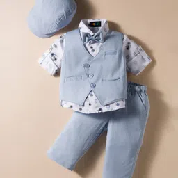 Robo Fry Cotton Woven Knit Full Sleeves 3 Piece Party Suit with Bow & Cap with Text Print - Light Blue & White-picture-24