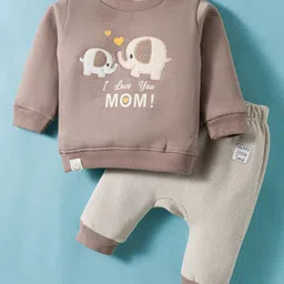 Ollypop Fleece Knit Full Sleeves Winter Wear T-Shirt & Diaper Pant Set with Elephant Patch Detailing - Tan-picture-21