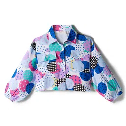CrayonFlakes Rayon Woven Full Puffed Sleeves Polka Dots Printed Shirt Style Crop Top - Off White-image-73