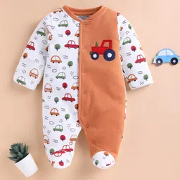 Wonderchild Full Sleeves Vehicles Embroidered & Printed Sleepsuit - Dark White & Mustard-picture-25