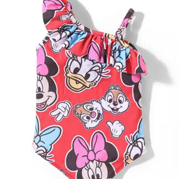Babyhug Disney Sleeveless V Cut Swimsuit with Frill Detailing Minnie Mouse Print - Red image 2