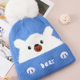 Babyhug Woollen Cap With Bear Design - Blue image 3
