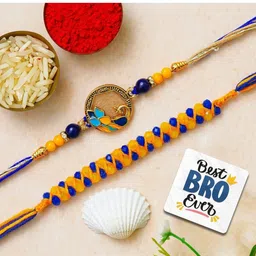 eCraftIndia Set Of 2 Stones Studded & Beaded Rakhis With Fridge Magnet-picture-32