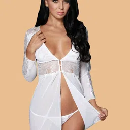 ZERJAMA Women Front Open Sheer Lace Babydoll with Matching Panty-picture-23