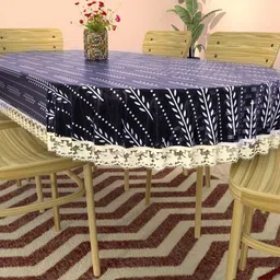 Myntra Elegant Homes White & Blue Lining Leaf Oval PVC 6-Seater Table Cover image 5