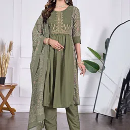 DISHWA FASHION Women Floral Embroidered Round Neck Anarkali Kurta with Trousers & Dupatta-picture-24