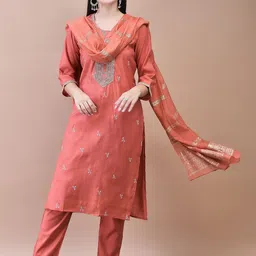 Shree Floral Embroidered Sequinned Chanderi Silk Straight Kurta with Trousers & Dupatta-picture-16