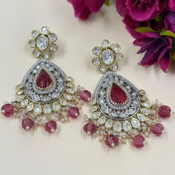 gehna by  beadazzled Gehna By Beadazzled Kundan Studded & Beaded Jadau Teardrop Shaped Drop Earrings image 3