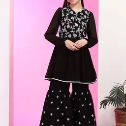 Sangria Girls Black Floral Embroidered Georgette A-Line Kurta With Sharara-picture-21