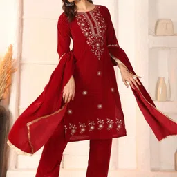 Moda Rapido Women Embroidered Regular Velvet Kurta with Trousers & With Dupatta image 3