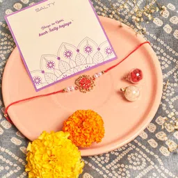 SALTY Set Of 2 Tranquil Lotus Pearl Thread Rakhis With Roli & Chawal-picture-40