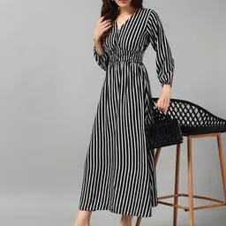 Krunal Raiyani Women Striped V-Neck Puff Sleeve Fit & Flare Maxi Dress-picture-36