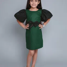 Pink Chick Girls Colourblocked Puff Sleeves Cotton A-Line Dress With Matching Clip-image-18