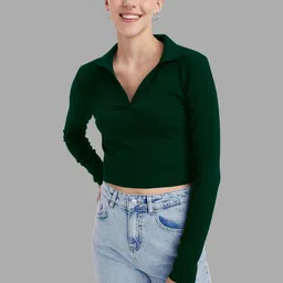 Maheshvi Women Shirt Collar Ribbed Long Sleeves Crop Top-picture-13