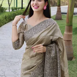 KALINI Beige Handloom Raw Silk Saree With Unstitched Blouse Piece image 5