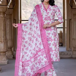 KALINI Women Floral Printed Regular Pure Cotton Kurta with Trousers & With Dupatta image 3