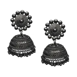 Sangria Silver Plated Artificial Beaded Oxidised Dome Shaped Jhumkas image 2
