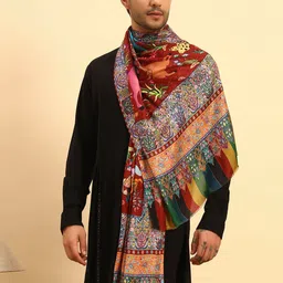 Pashmoda Men Floral Printed Woollen Stole With Fringed border-image-4