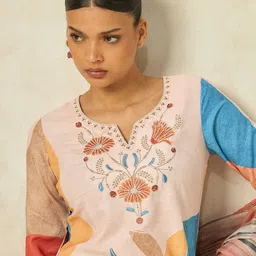 KALINI Women Floral Printed Regular Thread Work Kurta with Trousers & With Dupatta image 3