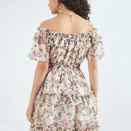 Bitterlime Floral Print Off-Shoulder Flutter Sleeve Ruffled Georgette Fit & Flare Dress image 5