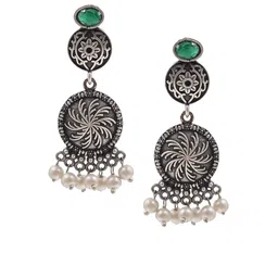 NAMAN ARTS Silver Plated Stones Studded & Beaded Oxidised Circular Drop Earrings image 2
