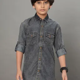 Darkclub Kids Slim Fit Faded Spread Collar Denim Casual Shirt-picture-15
