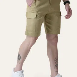 PERCH Men Twill Cotton Camel Brown Solid Cargo Shorts image 3