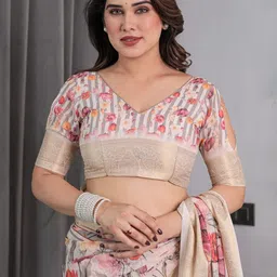 ALMAARI FASHION Floral Printed Pure Cotton Kanjeevaram Saree And Unstitched Blouse image 3